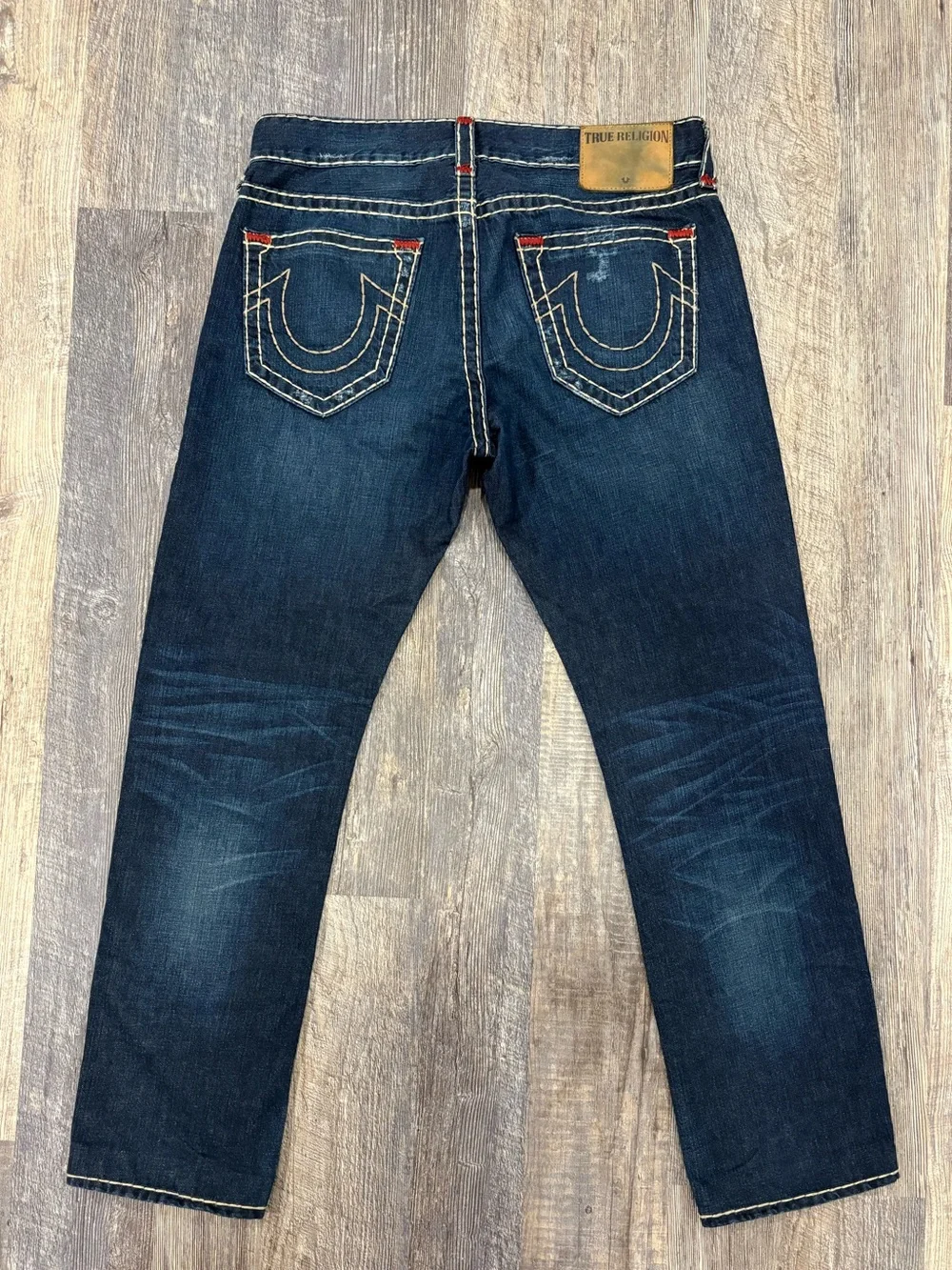 True Religion Geno Jeans Mens 34 USA Made Distressed Relaxed Slim Dark Wash